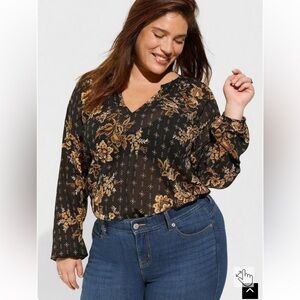 Crinkle Chiffon Lurex Peasant Long Sleeve Blouse